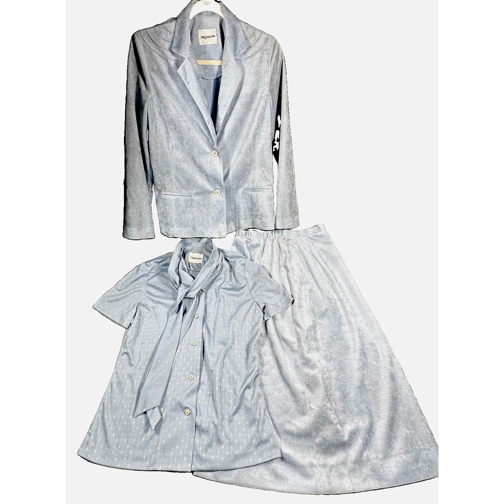 Sir Julian 3 Piece Skirt Blazer Suit Set Women Small Blue Suede Like Tie Top VTG